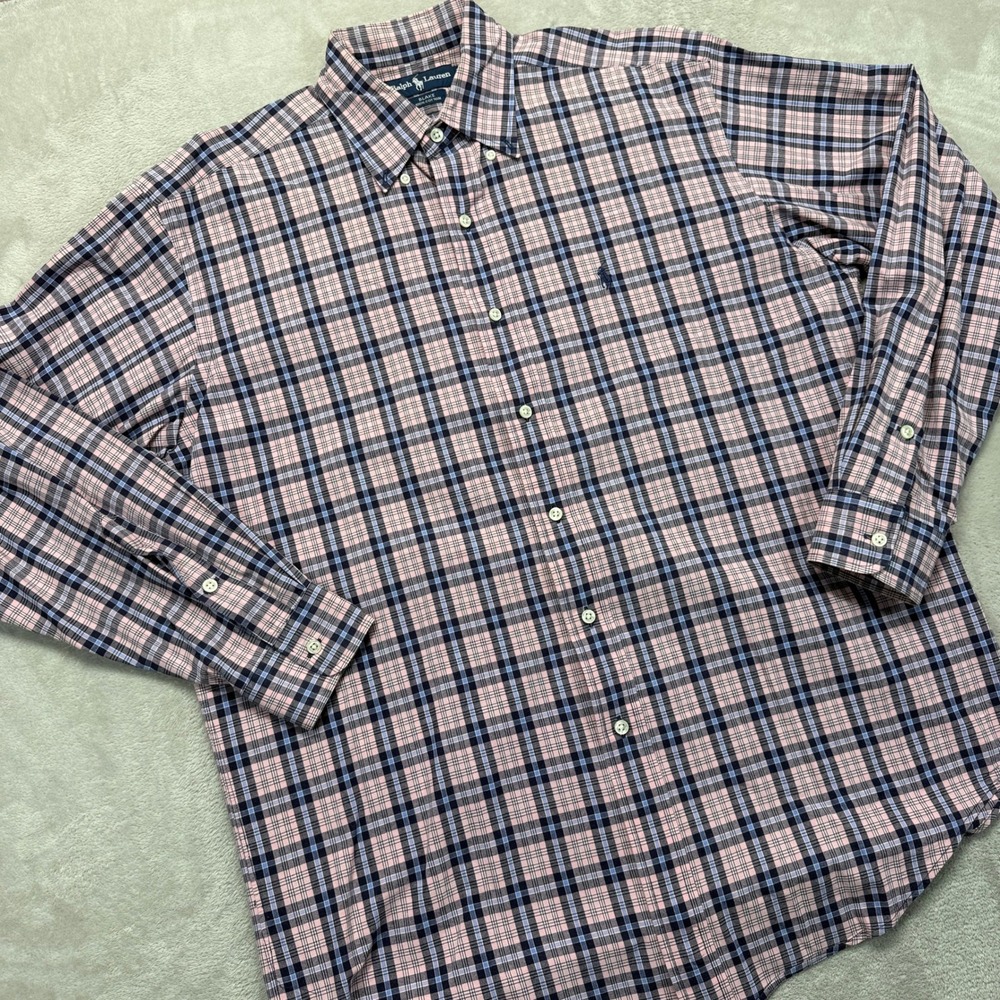 Ralph Lauren Shirt Men's Medium Blake Scotch Plaid Pink‎ Navy Button Down Cotton